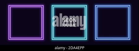 Cornice quadrata al neon. Set di bordi al neon a quadratura con contorno doppio. Forma geometrica con spazio di copia, elemento grafico futuristico per i social media stori Illustrazione Vettoriale