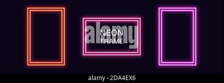 Cornice rettangolare al neon. Set di bordi al neon rettangolari con contorno doppio. Forma geometrica con spazio di copia, elemento grafico futuristico per i social media Illustrazione Vettoriale