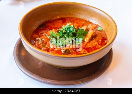 Piatto georgiano chakhohbili con pezzi di pollo in salsa di pomodoro matura. Foto Stock