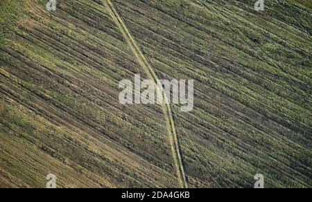 Percorso rurale su campo verde sopra la vista superiore drone Foto Stock