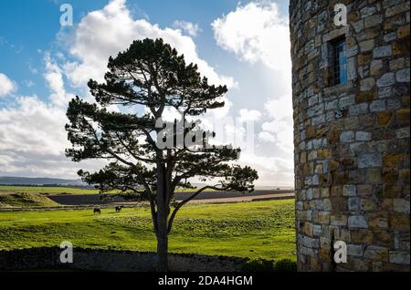 Vista panoramica dalla parete del castello medievale di Dirleton in giornata di sole con cielo blu, East Lothian, Scozia, Regno Unito Foto Stock