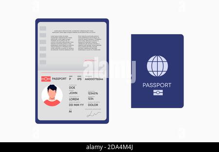 Vettore passaporto internazionale. Identificazione dei caratteri con cittadinanza e permesso di soggiorno immigrazione. Illustrazione Vettoriale
