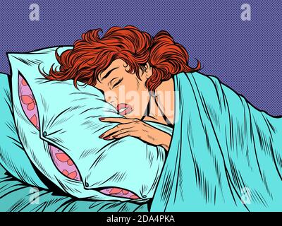 Una donna dorme in un letto su un cuscino Illustrazione Vettoriale