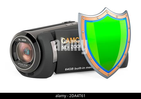 Videocamera, videocamera con schermatura, rendering 3D isolato su sfondo bianco Foto Stock