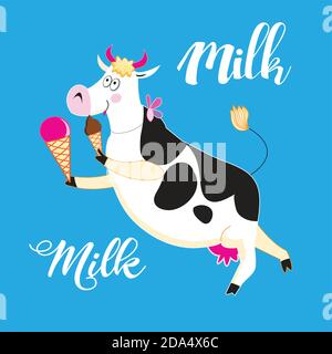Divertente illustrazione vettoriale con una mucca e gelato su sfondo blu. Pubblicità gelato caseario con una mucca. Illustrazione Vettoriale