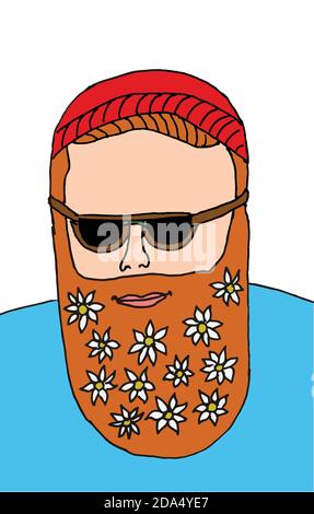 Uomo con barba lunga e fiori decorativi. Illustrazione Vettoriale