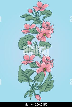 Fiore di mela singole foglie rosa e verde su azzurro sfondo per cartolina Illustrazione Vettoriale