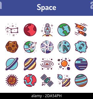 Set di icone di linee di colore dello spazio. Pittogrammi per pagina Web, app mobile, promo. Illustrazione Vettoriale