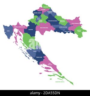 Mappa politica colorata della Croazia. Divisioni amministrative - contee. Semplice mappa vettoriale piatta con etichette. Illustrazione Vettoriale