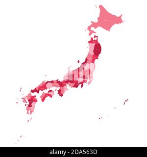 Mappa politica rosa del Giappone. Divisioni amministrative - prefetture. Semplice mappa vettoriale piatta con etichette. Illustrazione Vettoriale