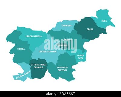 Mappa politica blu turchese della Slovenia. Divisioni amministrative - regioni statistiche. Semplice mappa vettoriale piatta con etichette. Illustrazione Vettoriale