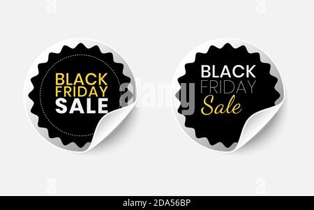 Set di adesivi realistici in vendita per il venerdì nero con angoli arrotondati. Etichette promozionali rotonde con bordi arricciati. Illustrazione vettoriale dei tag di sconto con Illustrazione Vettoriale