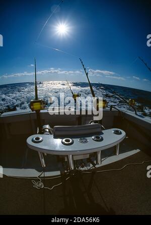 VISTA DELLE CANNE DA PESCA SUL RETRO DELLA BARCA NEL SOLE / CABO SAN LUCAS, MESSICO Foto Stock