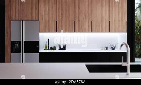 Cucina moderna vista frontale, architettura interni design, illustrazione 3D Foto Stock
