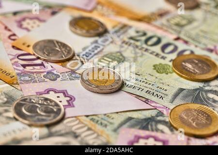 Banconote e monete background, FORINTI ungheresi Foto Stock