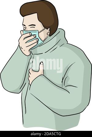 Paziente maschio che indossa maschera chirurgica tosse vettore illustrazione schizza doodle disegnato a mano isolato su sfondo bianco Illustrazione Vettoriale