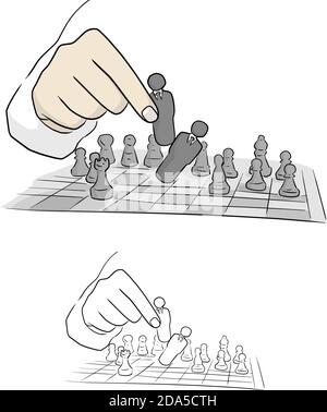 Grande mano che tiene l'icona dell'uomo d'affari come scacchi sopra una scacchiera illustrazione vettoriale schizzo doodle mano disegnata con nero linee isolate su sfondo bianco Illustrazione Vettoriale