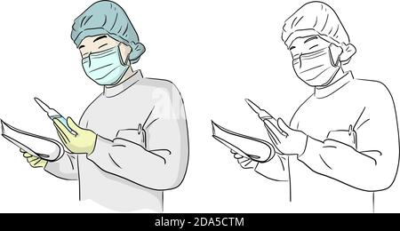 flacone di vaccino con dpi suit disegno vettoriale doodle mano disegnata con linee nere isolate su sfondo bianco Illustrazione Vettoriale