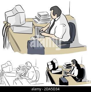 uomo d'affari fat che lavora su un vecchio computer desktop su desktop vettoriale illustrazione schizzo doodle mano disegnata con linee nere isolate su sfondo bianco Illustrazione Vettoriale