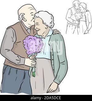 allegro vecchio anziano nonno felice baciando nonna che sorridendo con mazzo di fiori viola Illustrazione Vettoriale
