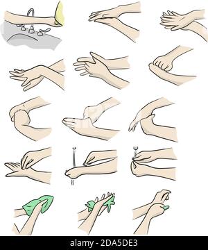 Diverse fasi di lavaggio mani vettore colorato illustrazione doodle schizzo disegnata a mano con linee nere isolate su sfondo bianco Illustrazione Vettoriale