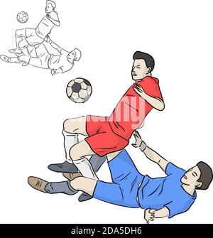 calcio giocatori di calcio affrontare per il vettore palla illustrazione schizzo doodle mano disegnata con linee nere isolate su sfondo bianco Illustrazione Vettoriale