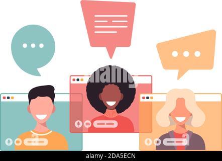 Uomo e donna che comunicano online via Internet utilizzando l'applicazione di videochiamata. Amici che parlano e ridono, partner commerciali in conferenza. Lavoro r Illustrazione Vettoriale