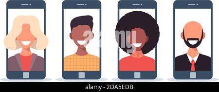 Amici che chattano on-line flat vettoriale illustrazione. Parenti che usano smartphone, telefoni cellulari per videoconferenze, effettuare chiamate. Ragazzi, ragazze sul telefono s Illustrazione Vettoriale