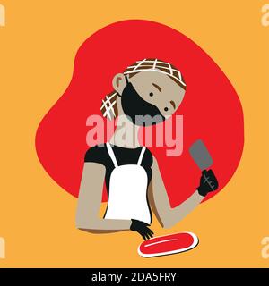 Cuoca o macellaio che taglia la carne e lavora in cucina, piatto vettore illustrazione lavoro Illustrazione Vettoriale