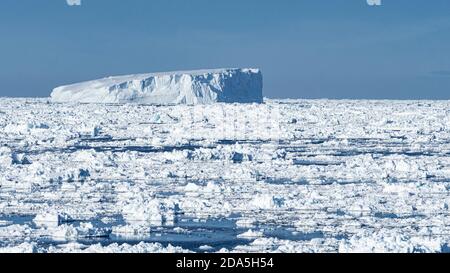 Ghiaccio di mare, iceberg tabulari e ghiaccio di brash nel Golfo di Erebus e Terrore, Weddell Sea, Antartide. Foto Stock