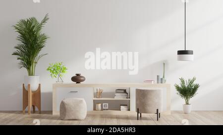 Armadietti e parete per tv in soggiorno, parete bianca Mockup, rendering 3D Foto Stock