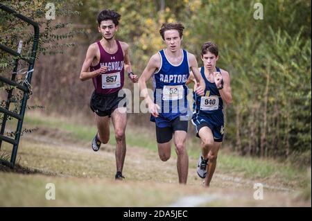 Huntsville, Texas, Stati Uniti. 9 Nov 2020. Da sinistra, Magnolia's Dylan Sequeira, Austin LASA's Philip Metcalf, e Montgomery Lake Creek's carter Gordy gareggiano durante il campionato di cross country della Texas University Interscholastic League (UIL) Region III Classe 5A al Kate Barr Ross Memorial Park di Huntsville, Texas. Prentice C. James/CSM/Alamy Live News Foto Stock