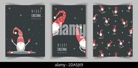 Carte di Natale con carino gnomo nordico in cappello rosso. buon natale e Felice Anno Nuovo. Illustrazione Vettoriale