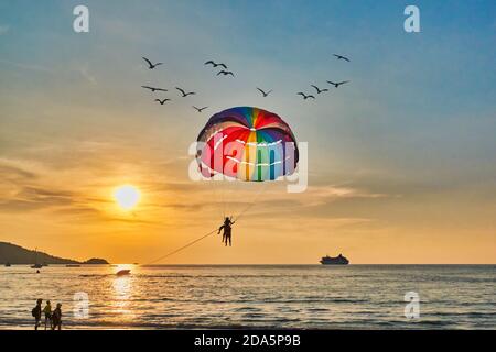 Di fronte al sole che tramonta, un parasail colorato scivola attraverso la Baia di Patong, circondata da uccelli marini; Patong Beach, Phuket, Thailandia meridionale, Sud-est Foto Stock