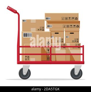 Barrow pieno di scatole isolate su bianco. Carrello metallico con ruote e scatola di cartone. Servizio di consegna e logistica. Icona carrello del veicolo a mano. Magazzino di trasporto. Illustrazione vettoriale piatta Cartoon Illustrazione Vettoriale