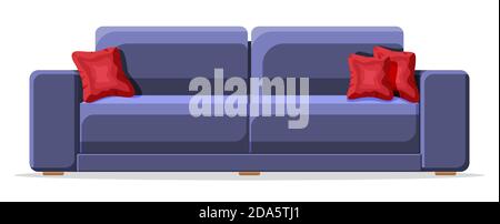Divano blu con cuscino rosso isolato su bianco. Mobili soggiorno. Elementi interni moderni e decorati. Oggetti interni per rilassarsi e lavorare. Illustrazione vettoriale piatta cartoon in stile piatto Illustrazione Vettoriale