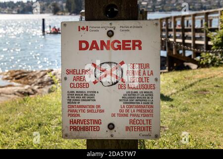 Belcarra, Canada - Luglio 13,2020: Vista del cartello 'Area hellfish chiusa, raccolta vietata' nel Parco Regionale di Belcarra Foto Stock