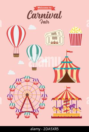 Carnival Festival Collection illustrazione vettoriale. Design in stile piatto, parco divertimenti, circo e set a tema per fiere, con montagne russe, giostre, ecc. Illustrazione Vettoriale