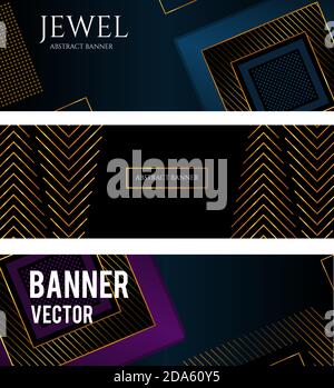 Banner dal design moderno. Sfondo astratto con quadrati scuri su un nero. Con strisce dorate brillanti. Imposta banner Luxury. Illustrazione vettoriale. Illustrazione Vettoriale