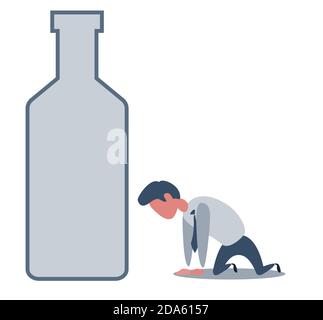 Malato ubriaco sulle ginocchia accanto alla bottiglia di vino. Concetto flat vettore illustrazione della dipendenza da alcol. Illustrazione Vettoriale