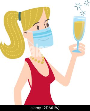Illustrazione in stile retrò di una donna che indossa una maschera facciale, tostando con un bicchiere di champagne, isolato su sfondo bianco. Illustrazione Vettoriale