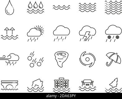 Icone pioggia e alluvione Set sottile in bianco e nero Grande Illustrazione Vettoriale