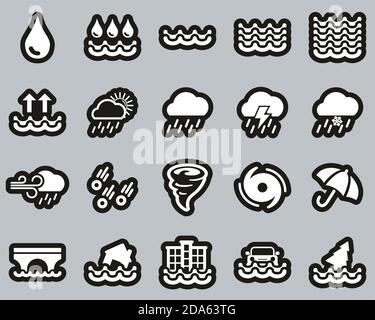 Icone pioggia e alluvione Bianco su nero Sticker Set Big Illustrazione Vettoriale