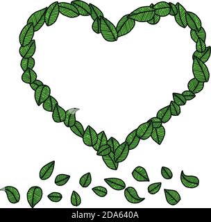 illustrazione vettore doodle mano disegnate foglie verdi a forma di cuore, concetto di ecologia Illustrazione Vettoriale