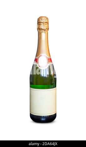 bottiglia di champagne isolata su sfondo bianco. Inceppamento traffico chiuso. Spazio vuoto per il disegno o il testo sull'etichetta. Foto Stock