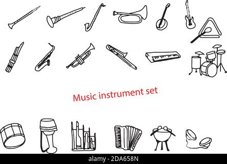 illustrazione doodles vettoriali set di strumenti musicali disegnati a mano. Illustrazione Vettoriale