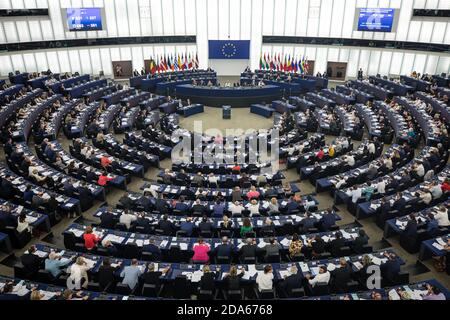 STRASBURGO, FRANCIA - 18 lug 2019: Sala plenaria del Parlamento europeo a Strasburgo Foto Stock