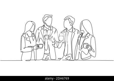 Un'unica linea di disegno di giovani impiegati maschili e femminili discutono insieme mentre il tempo di rottura dell'ufficio. Concetto di business talk. Linea continua Illustrazione Vettoriale