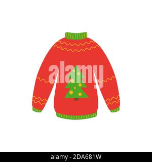 Tradizionale brutto Natale pullover colore rosso con albero di natale vettore illustrazione isolato su sfondo bianco. Illustrazione Vettoriale