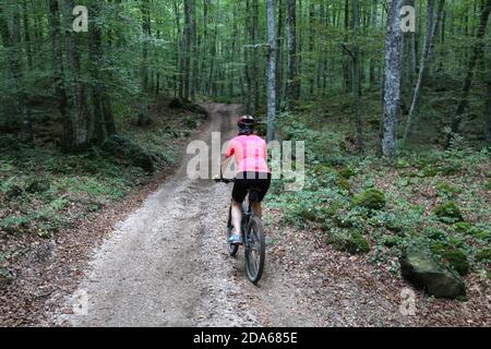 donna con bici nella foresta Foto Stock